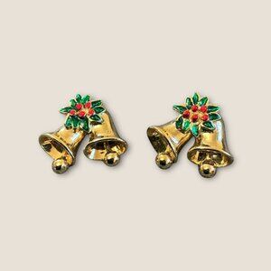Avon Vintage Gold-Tone Christmas Bell Earrings With Red & Green Holly Accents